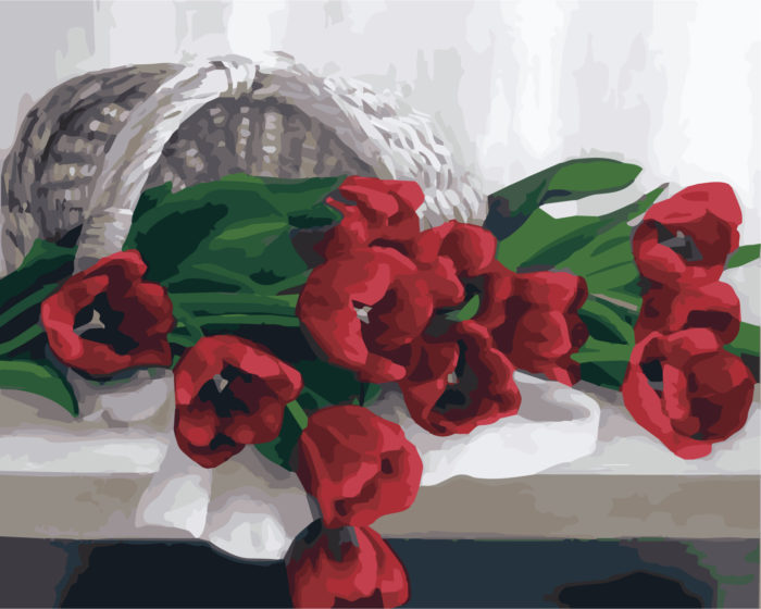 Фото картины, купить картину по номерам, Корзина с тюльпанами. www.made-art.com.ua