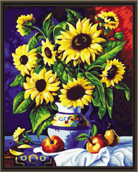Фото картины, купить картину по номерам, Подсолнухи в вазе с яблоками. www.made-art.com.ua