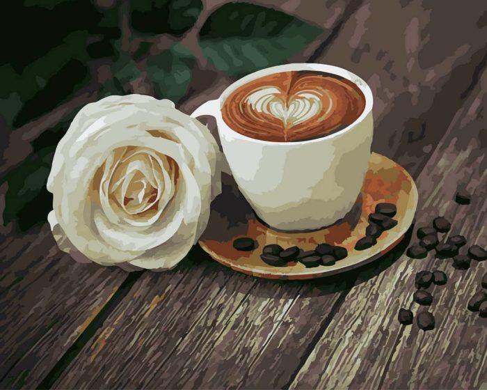 Фото картины, купить картину по номерам, Кофе и белая роза GX22246. www.made-art.com.ua