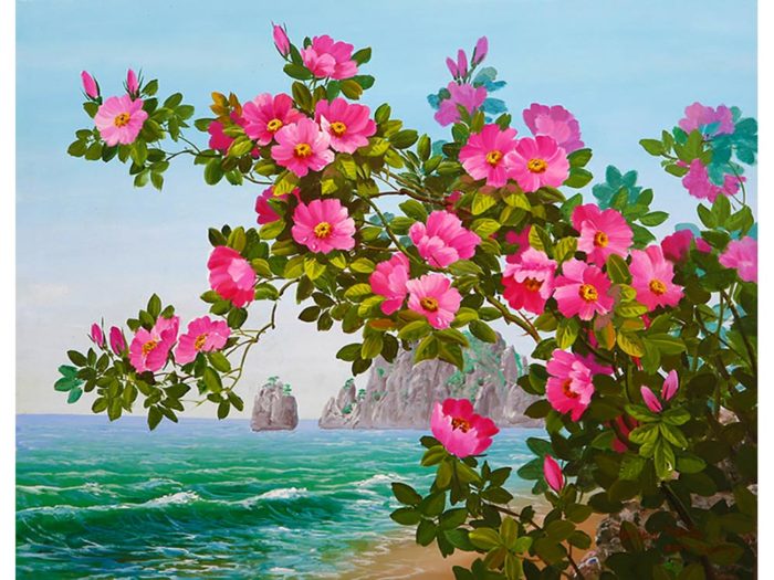 Фото картины, купить картину по номерам, Цветы на фоне моря — Раскраска по номерам. Rainbow Art. www.made-art.com.ua