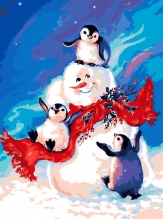Фото картины, купить картину по номерам, Пингвинчики и снеговик MR-Q2141. www.made-art.com.ua