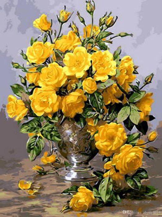 Фото картины, купить картину по номерам, Желтые розы в серебряной вазе NB 1118. www.made-art.com.ua